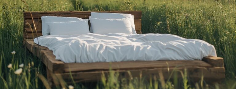 Bett mit weißer Bettwäsche in einer malerischen Wiese unter klarem Himmel, friedliches Naturkonzept