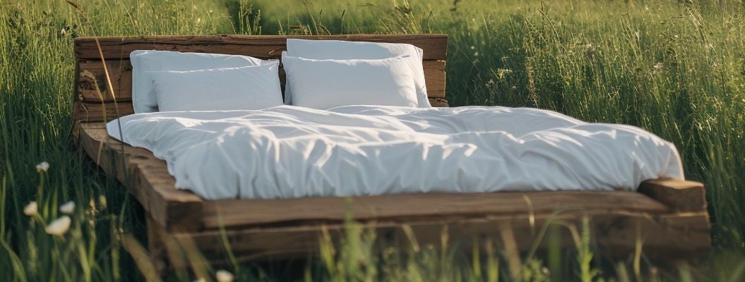 Bett mit weißer Bettwäsche in einer malerischen Wiese unter klarem Himmel, friedliches Naturkonzept