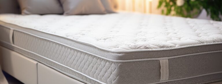 Nahaufnahme eines Bettes mit weicher orthopädischer Matratze im Zimmer