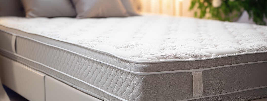 Nahaufnahme eines Bettes mit weicher orthopädischer Matratze im Zimmer