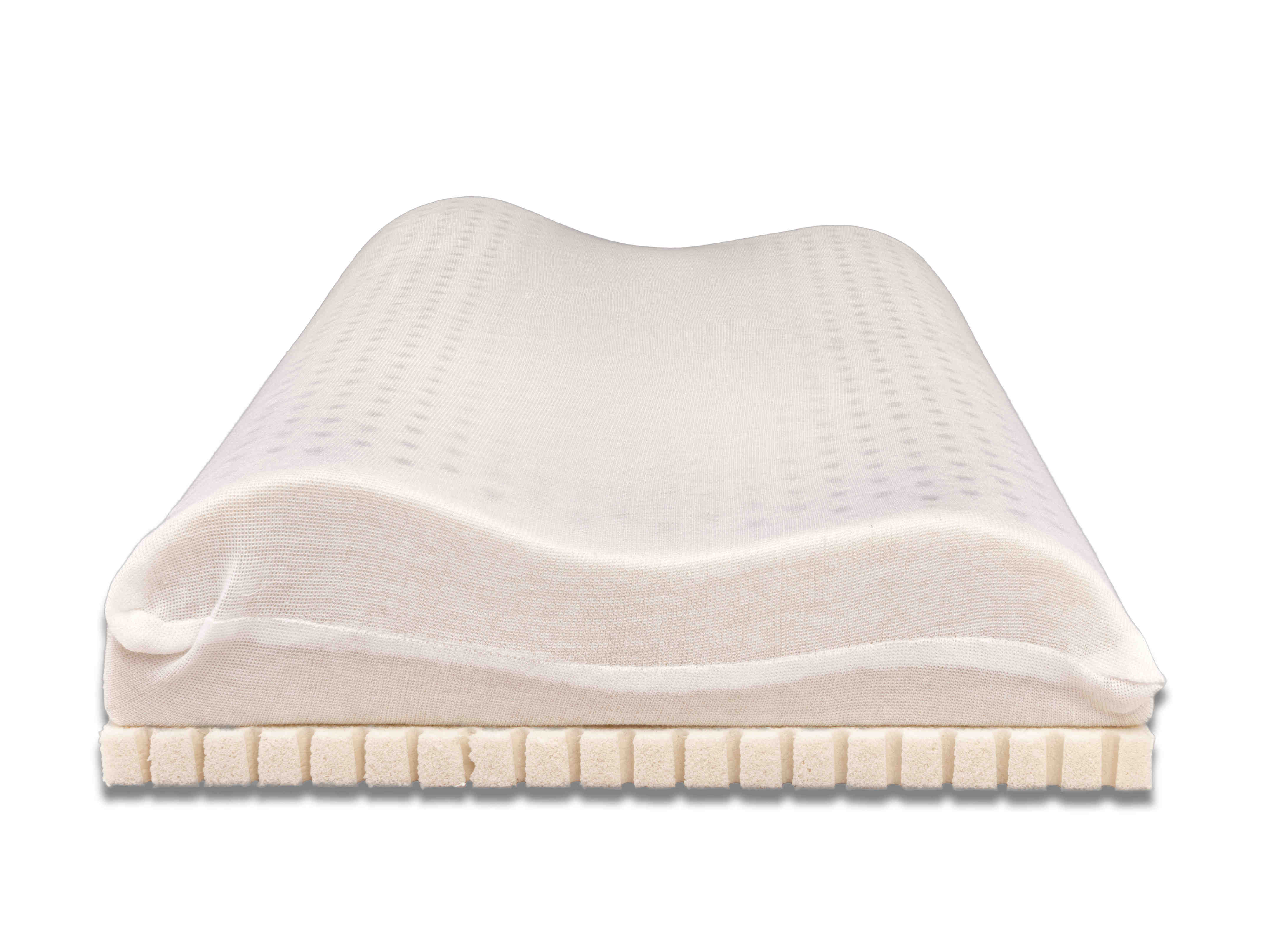 Ein ergonomisch geformtes weißes Kissen mit gewellter Oberfläche