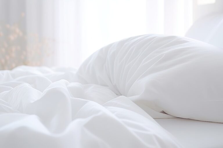 Weiße gefaltete Bettdecke auf weißem Bett-Hintergrund. Vorbereitungen für die Wintersaison, Haushalt, häusliche Aktivitäten, Hotel oder Heimtextilien