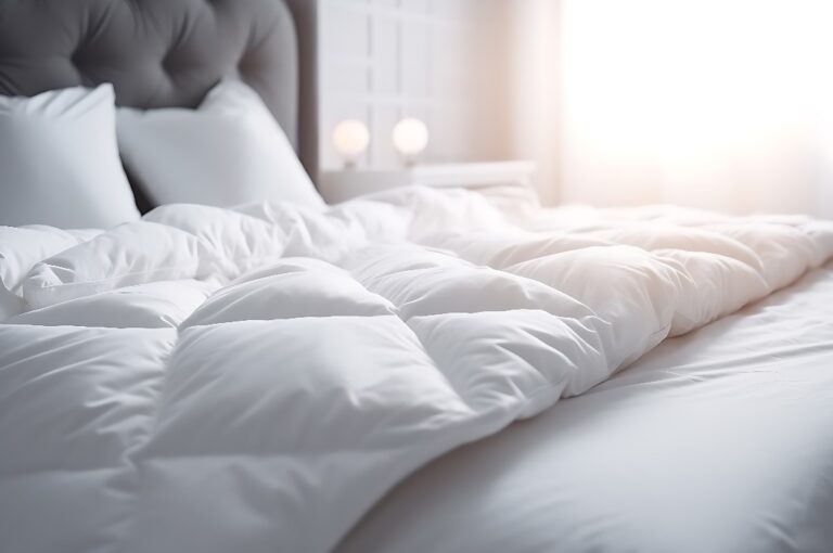 Komfortables Bett mit weicher weißer Matratze, Decke und Kissen im Innenbereich