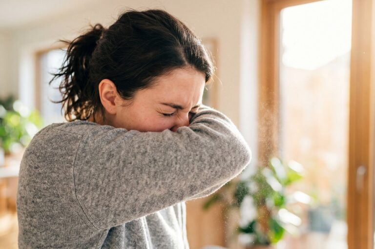 Eine Frau niest in ihren Ellbogen in einem gemütlichen Wohnzimmer, umgeben von Zimmerpflanzen. Allergische Reaktion in Innenräumen auf Pollen und Staub. Aufklärungskampagne zum Welt-Asthma-Tag und zur Prävention von Atemwegserkrankungen